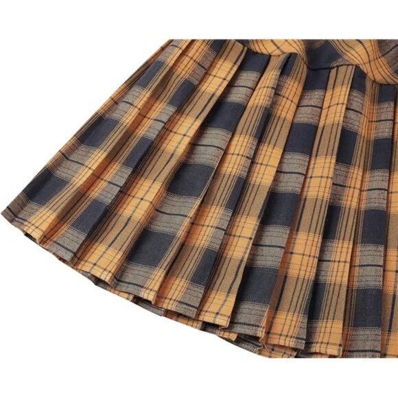 Women's Elastic Waist Tartan Pleated School Skirt Brown and Black - Picture 3 of 6